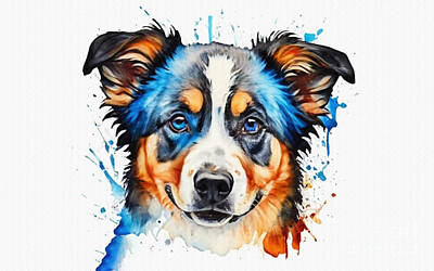 Paintings - Puppy Australian Shepherd Dog Cute Animals Blue Eyes by Lowell Harann