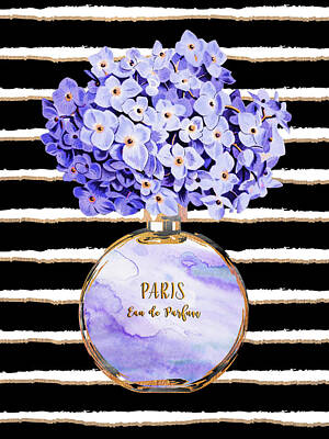 Glass Of Water Rights Managed Images - Purple hydrangea rond perfume bottle on stripes Royalty-Free Image by Mihaela Pater