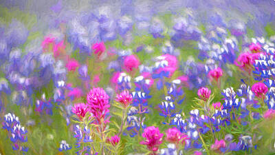 Abstract Flowers Digital Art - Purple Owls Clover and Lupins painterly patterns by Alessandra RC