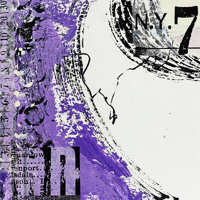 Cities Mixed Media Royalty Free Images - PURPLE RAIN II Abstract Collage in Purple Black White Words Number 7 Royalty-Free Image by Lynnie Lang