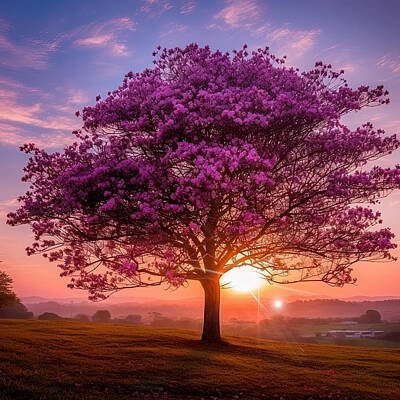 Lilies Royalty-Free and Rights-Managed Images - Purple Tree Blooming at Sunrise by Lily Malor