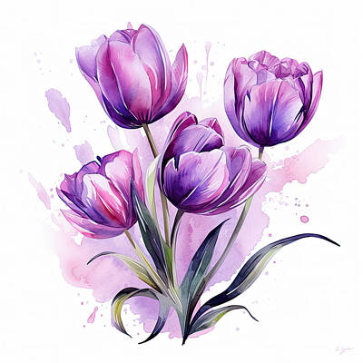 Recently Sold - Abstract Flowers Paintings - Purple Tulips in Bloom Art by Lourry Legarde