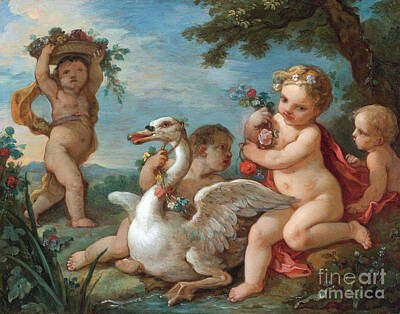 City Scenes Paintings - Putti Adorning A Swan With A Garland Of Flowers by Sad Hill - Bizarre Los Angeles Archive