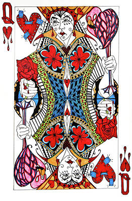 Roses Drawings - Queen Of Hearts Face Card by Jani Freimann