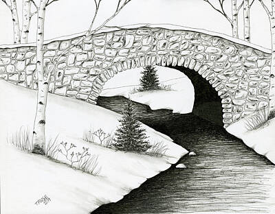 Landscapes Drawings - Quiet Snowy Stream by Taphath Foose