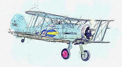 Pop Art Celebrities - RAF Gloster Gladiator G-AMRK war planes in watercolor ca  by Ahmet Asar  by Celestial Images