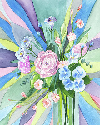 Floral Royalty-Free and Rights-Managed Images - Rainbow Floral Rays Watercolor Flowers Bouquet by Irina Sztukowski