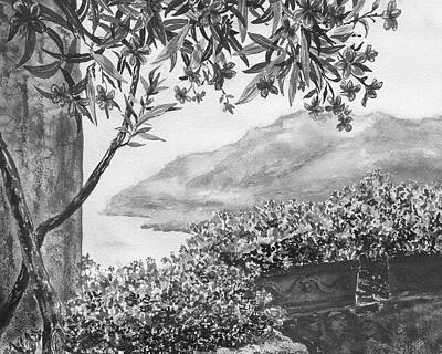 Short Story Illustrations Royalty Free Images - Ravello Mediterranean Sea Shore With Flowers Black And White Watercolor Of Amalfi Coast Royalty-Free Image by Irina Sztukowski
