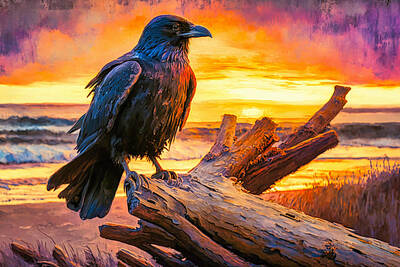Recently Sold - Abstract Landscape Digital Art Rights Managed Images - Raven on Driftwood Royalty-Free Image by Craig Boehman