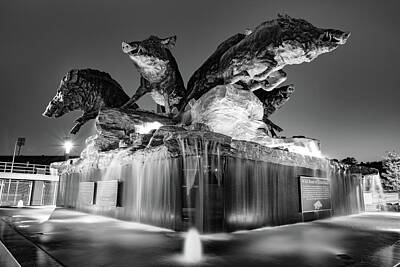 Football Royalty-Free and Rights-Managed Images - Razorbacks Fountain in Black and White - University of Arkansas by Gregory Ballos