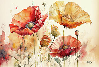 Royalty-Free and Rights-Managed Images - Red And Gold Poppies by Tina LeCour