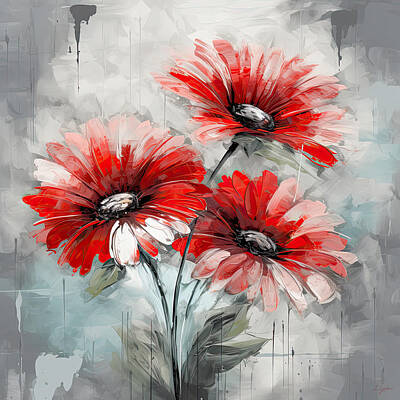 Ballerina - Red and Gray Flowers Art by Lourry Legarde