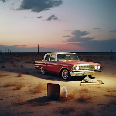 Still Life Digital Art - Red and White Sedan at Sunset in Desert by YoPedro