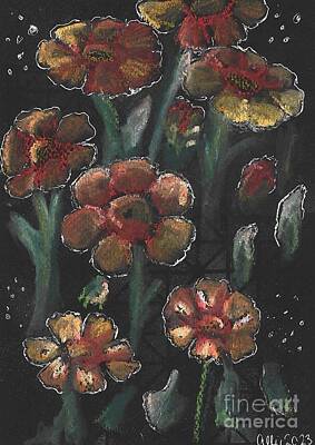 Recently Sold - Lilies Paintings - Red and Yellow Pot Marigolds by Allie Lily