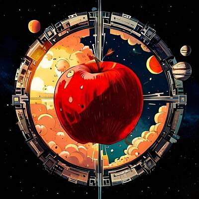 Science Fiction Mixed Media - Red Apple in Space - A Cosmic Delight by Artvizual Premium