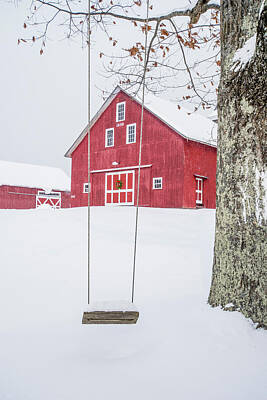 Animal Paintings David Stribbling Royalty Free Images - Red Barn and Swing in the Snow Royalty-Free Image by Sally Cooper