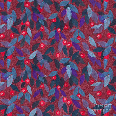 Floral Digital Art - Red Berries Blue Leaves Floral Pattern by Julia Khoroshikh