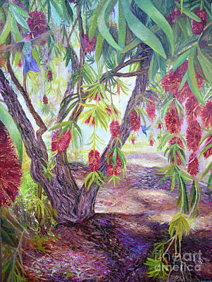 Mossy Lanscape - Red Bottlebrush with hummingbirds by Anne Cameron Cutri
