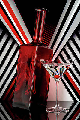 Martini Photos - Red Bottle with Martini Glass by Lily Malor