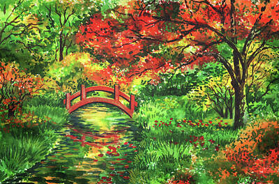 Bowling - Red Bridge In The Beautiful Fall Garden Watercolor  by Irina Sztukowski