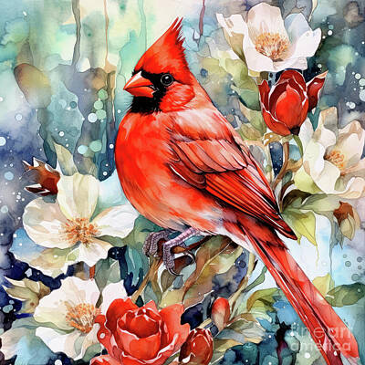 Roses Royalty-Free and Rights-Managed Images - Red Cardinal In The Roses by Tina LeCour