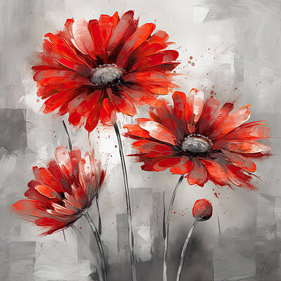Impressionism Digital Art Rights Managed Images - Red Daisy Flowers Art Royalty-Free Image by Lourry Legarde