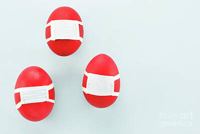 Modern Man Mid Century Modern - Red egg with protection mask on light blue background by Athina Psoma
