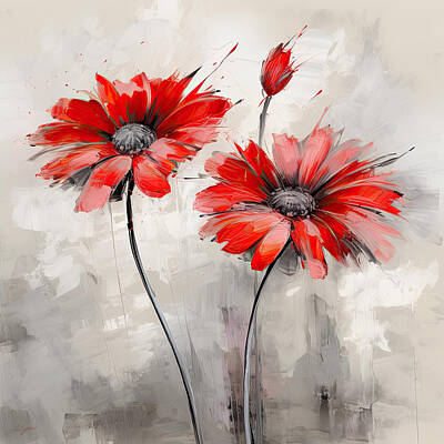 Impressionism Digital Art - Red Flower Modern Art on Gray by Lourry Legarde