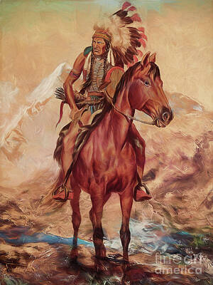 Namaste With Pixels - Red Indian warrior on horse  by Gull G