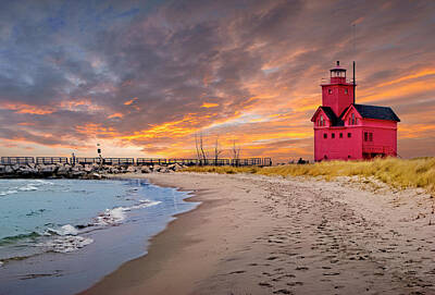Randall Nyhof Royalty Free Images - Red Lighthouse by Ottawa Beach on Lake Michigan at Sunset in Aut Royalty-Free Image by Randall Nyhof
