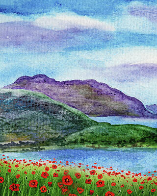 Mountain Paintings - Red Poppy Field Blue Lake And Mountains Watercolor  by Irina Sztukowski