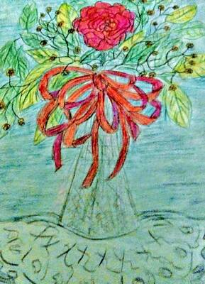 Still Life Drawings Royalty Free Images - Red Ribbon and Flower on Blue Royalty-Free Image by Christy Saunders Church