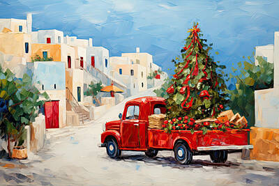 Cities Paintings - Red Truck in Santorini Caldera Greece by Lourry Legarde