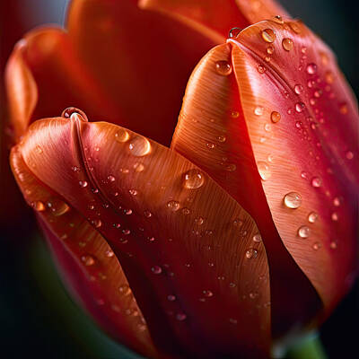 Lilies Digital Art - Red Tulip with Morning Dew Macro II by Lily Malor