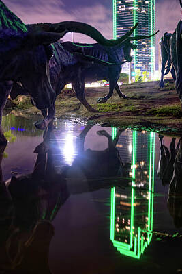 Skylines Photos - Reflections of the Cattle Driver - Dallas Texas Longhorns by Gregory Ballos