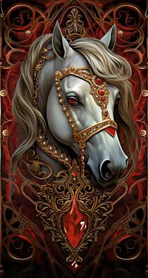 Mammals Digital Art - Regal Ruby Eyes Majestic White Horse in Ornate Ensemble by EML CircusValley
