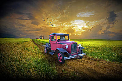 Colored Pencils - REO Speedwagon Truck on a prairie dirt road at sunset by Randall Nyhof