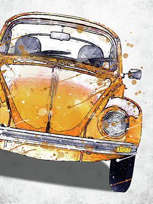 Transportation Digital Art - Retro Volkswagen beetle yellow watercolor  by Mihaela Pater