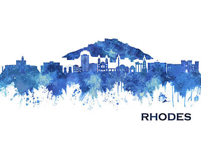 Cities Mixed Media Royalty Free Images - Rhodes Greece Skyline Blue Royalty-Free Image by NextWay Art