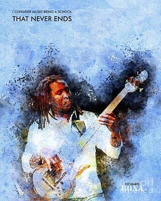 Musicians Drawings - Richard Bona Inspirational Quote, Jazz Bass Guitar by Drawspots Illustrations