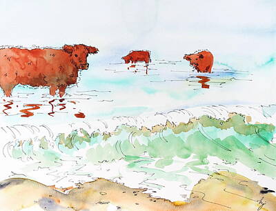Lady Bug - Riggit Galloway Cattle standing in the sea surreal watercolour painting by Mike Jory