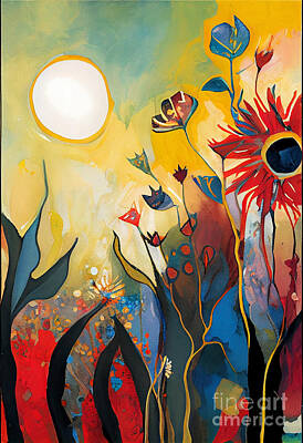 Sunflowers Digital Art - Rising  sun  Sunflowers  butterflies  Abstract  by Asar Studios by Celestial Images