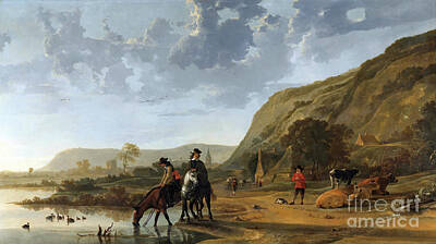 City Scenes Paintings - River Landscape with Riders - Aelbert Cuyp by Sad Hill - Bizarre Los Angeles Archive