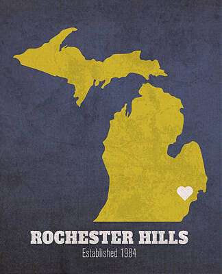 City Scenes Mixed Media Rights Managed Images - Rochester Hills Michigan City Map Founded 1984 University of Michigan Color Palette Royalty-Free Image by Design Turnpike