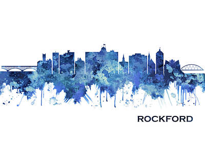 City Scenes Mixed Media - Rockford Illinois Skyline Blue by NextWay Art