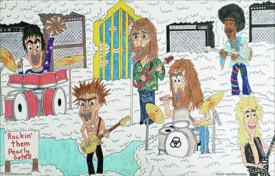 Rock And Roll Drawings - Rockin Them Pearly Gates by Monty Milne