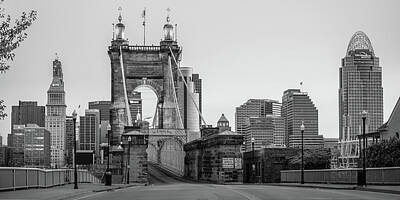 Zen - Roebling Bridge and Cincinnati Skyline Panorama From Covington Kentucky in Black and White by Gregory Ballos