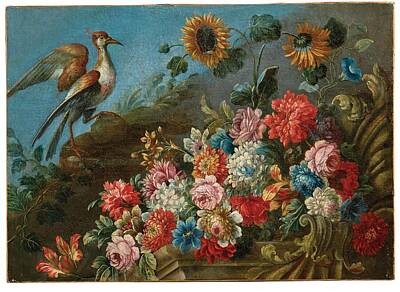 Birds Paintings - Roman School, 18th Century, Roses, peonies, sunflowers, ipomeas and other flowers on a ledge, with a by MotionAge Designs
