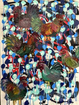 Birds Mixed Media Rights Managed Images - Roosters #1 Royalty-Free Image by Rooster Art