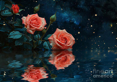 Surrealism Paintings - Rose Reflections Roses reflected in a still pond for a touch of elegance by Eldre Delvie
